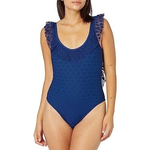 Kenneth Cole Reaction One Piece Swimsuit Ruffle Dark Blue